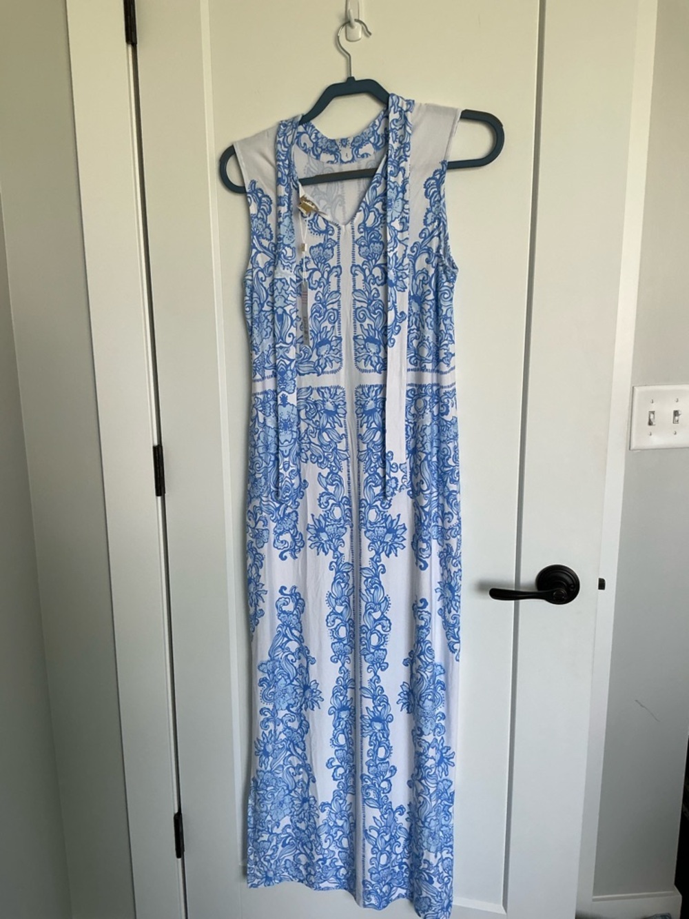 Lilly Pulitzer White Maxi Dress with Blue Scroll Print - Picture 3 of 4
